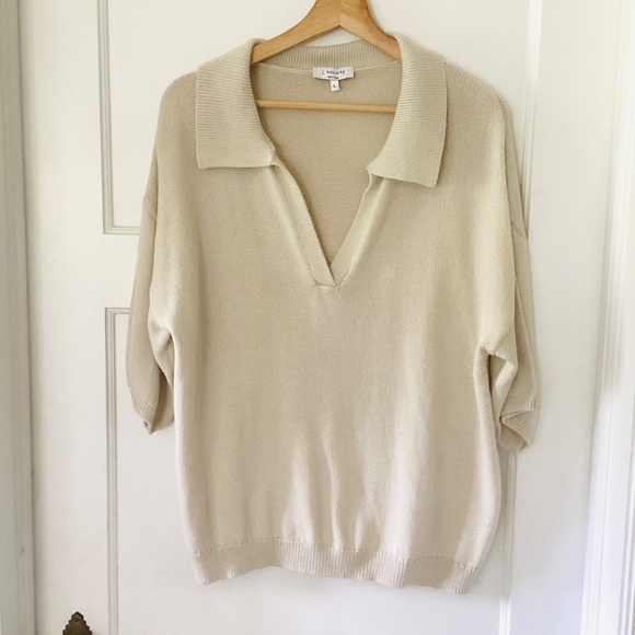 J. Society Women's Sz L Oatmeal 100% Cotton v-neck polo top oversized preppy - Picture 7 of 9
